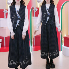 批发官图 韩系格纹<b class='q'>拼接</b>马甲阔腿裤打底三件套春秋季氛围感气质一整套