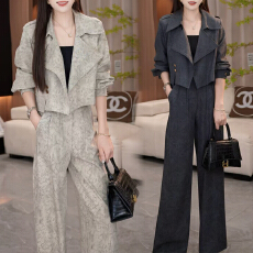 批发官图 高级套装女士春秋新款扎染<b class='q'>风衣</b>短外套高腰阔腿裤时髦两件套