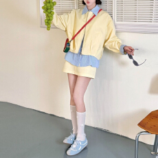 批发官图 2026春秋新款小清新时尚<b class='q'>条纹</b>衬衫拼接外套高腰<b class='q'>短裙</b>两件套装