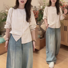 批发官图 新中式国风复古设计米色提花打底百搭小个子春秋季气质衬衫