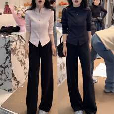 批发官图 高级感时尚立领收腰外套2026春秋新款韩系显瘦阔腿裤两件套