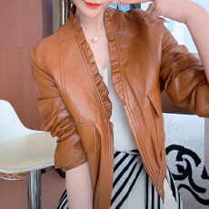 批发官图 轻奢气质木耳边复古皮衣外套2026春秋新款休闲短款夹克上衣