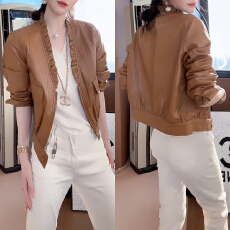 批发官图 韩版休闲短款皮衣外套女百搭法式高级感花边V领宽松设计上衣