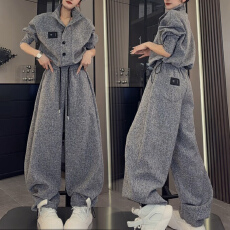 批发官图 美式休闲<b class='q'>运动</b>风套装2026春秋高级立领外套高腰阔腿裤两件套