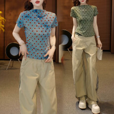 批发官图 盐系休闲减龄套装洋气晕染波点<b class='q'>短袖</b><b class='q'>T</b><b class='q'>恤</b>侧条收腰弯刀裤两件套