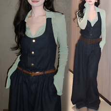 批发官图 2026春秋款时尚长袖翻领衬衫上衣背带牛仔裤阔腿裤裤两件套