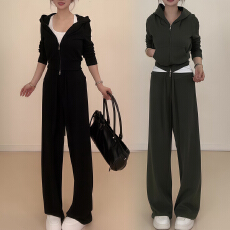 批发官图 韩系松弛感休闲套装春秋拉链连帽卫衣外套高腰微喇裤两件套