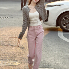 批发官图 2026春秋<b class='q'>韩版</b>少女风印花灰色<b class='q'>开衫</b>+高腰宽松粉色阔腿裤两件套