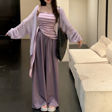 批发官图 2026夏季条纹收腰绑带纯欲抹胸开衫<b class='q'>外套</b>女高腰阔腿裤三件套