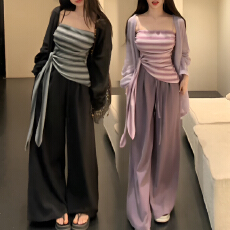 批发官图 韩系慵懒风防晒针织开衫条纹吊带2026夏季阔腿<b class='q'>休闲裤</b>三件套