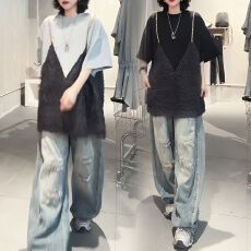 批发官图 2026夏季新款上新简约宽松百搭假两件上衣<b class='q'>个性</b>时尚圆领短袖