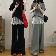 批发官图 2026夏季时尚短袖T恤高腰拼接蕾丝阔腿<b class='q'>裤</b><b class='q'>宽松</b><b class='q'>显瘦</b>休闲套<b class='q'>装</b>女