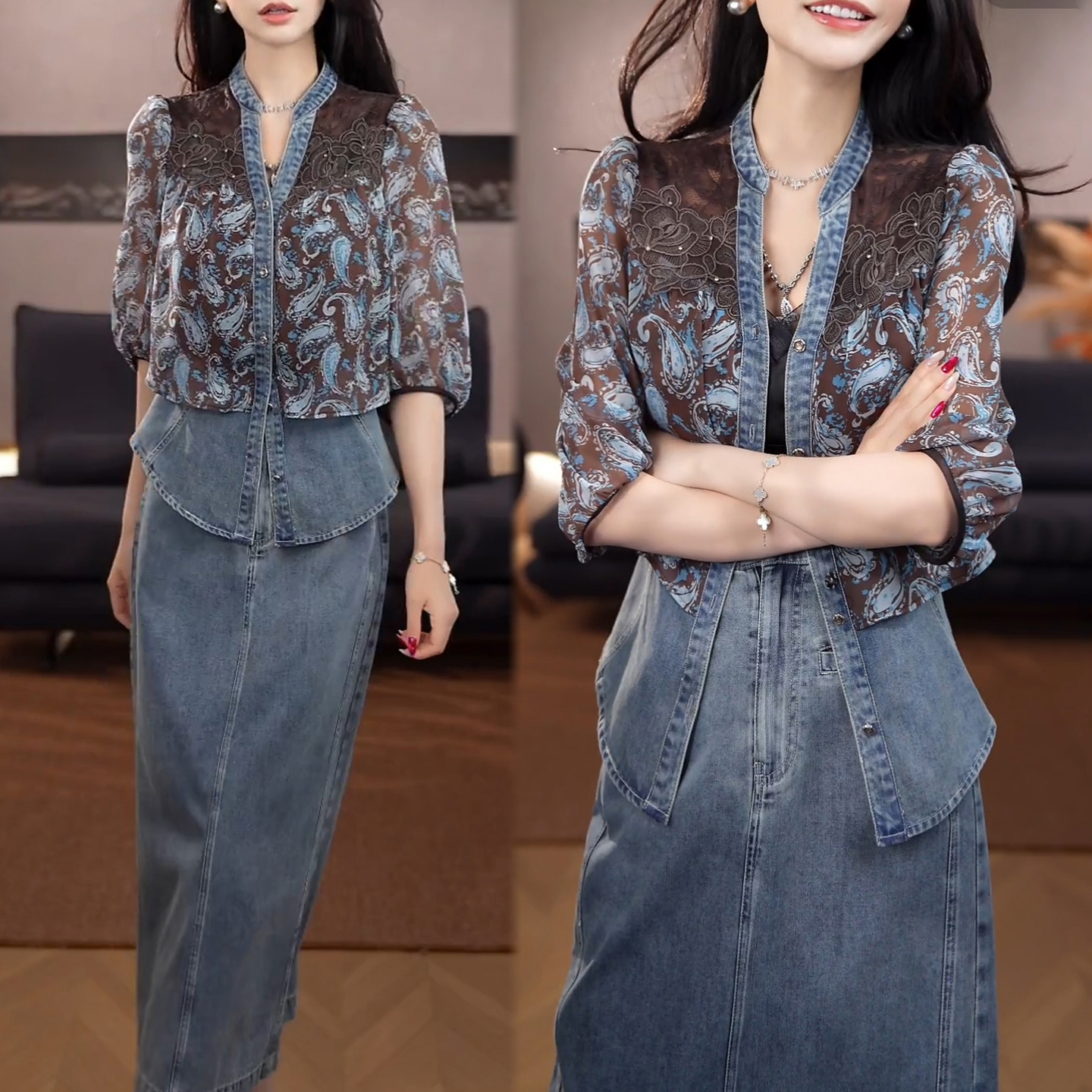 경관 그림 2026 여름 새로운 여성 의류 아름다운 패션 재킷 고급 센스 데님 반신 스커트 착용 가져 가라. 전체 집합