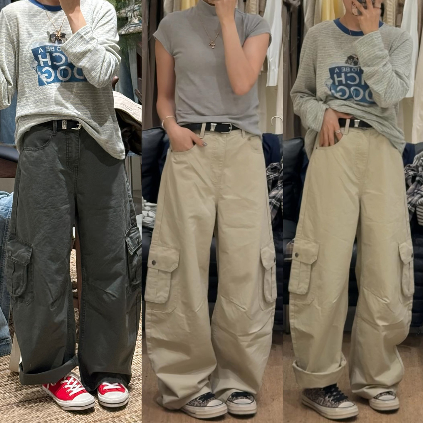 경관 그림 모통이 칼 넓은 다리 캐주얼 바지 여성 새로운 느긋한 바람 배 종류 몸 루즈핏 슬림해 보이는 작은 키 워크웨어 팬츠