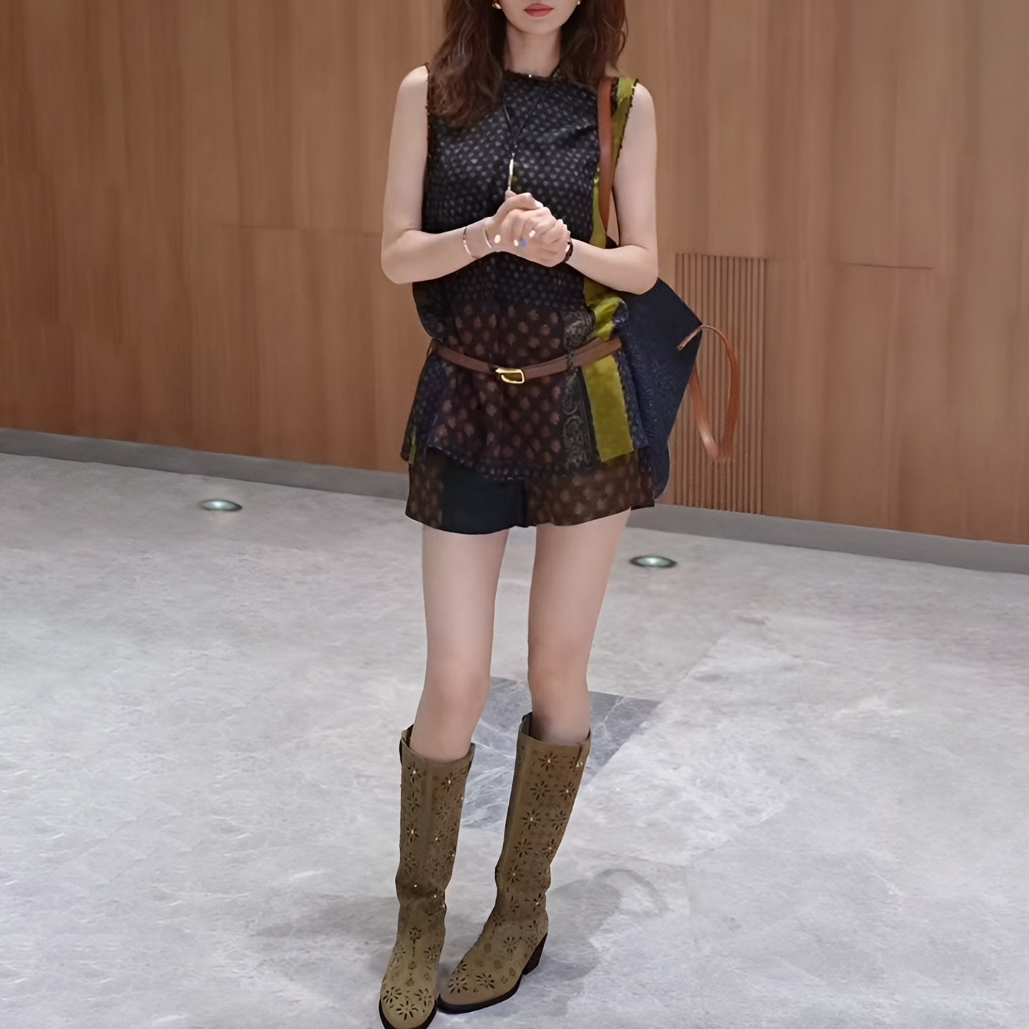 경관 그림 오래된 돈 바람 패션 세트 2026 여름 새로운 무거운 작업 패치워크 베스트 하이웨이스트 프린트 반바지 투피스 세트