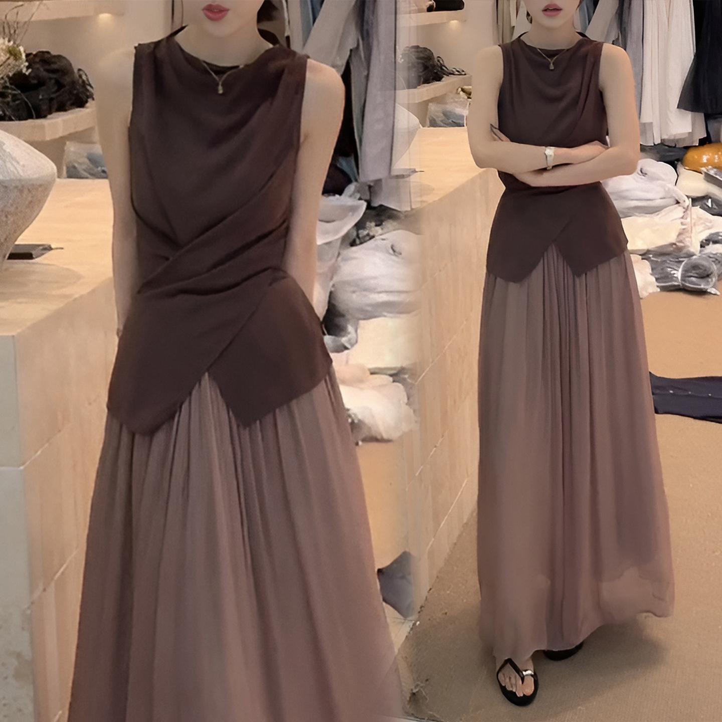 경관 그림 순수한 욕망 바람 핫걸 민소매 맨위 여성 여름 새로운 하이웨이스트 슬림해 보이는 반신 스커트 투피스 슈트 치마