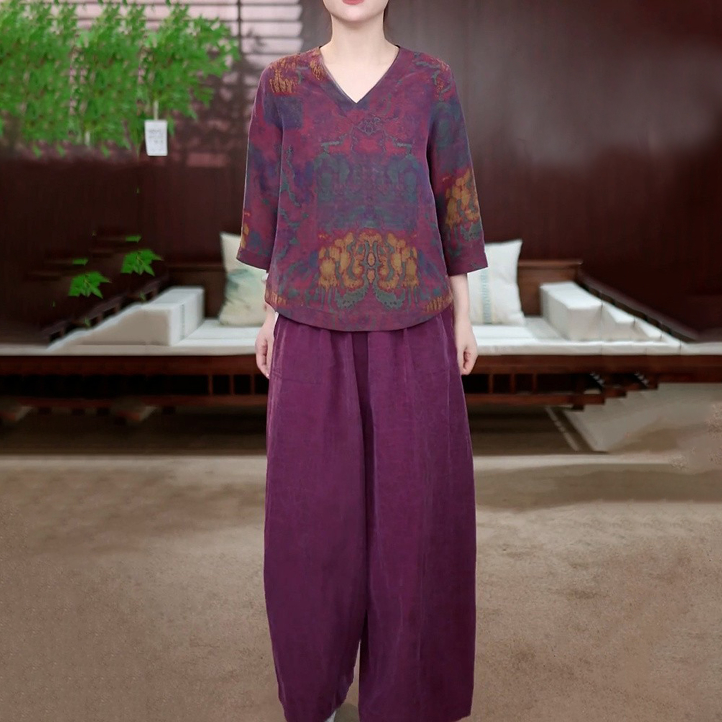 경관 그림 패션 외국 가스 연령 감소 레트로 세트 2026 여름 새로운 루즈핏 캐주얼 다용도 V넥 맨위 바지