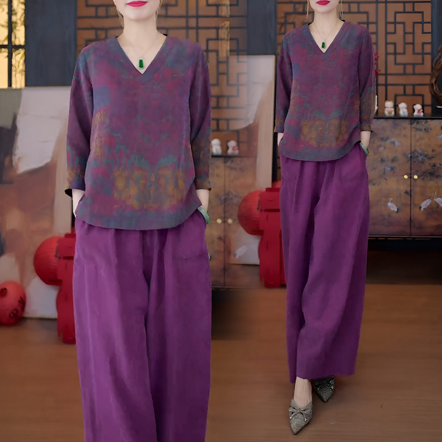 경관 그림 한국 스타일 느긋한 디자인 세트 연령 감소 디스플레이 화이트 2026 여름 새로운 V넥 리프트 새틴 맨위 와이드 레그 팬츠