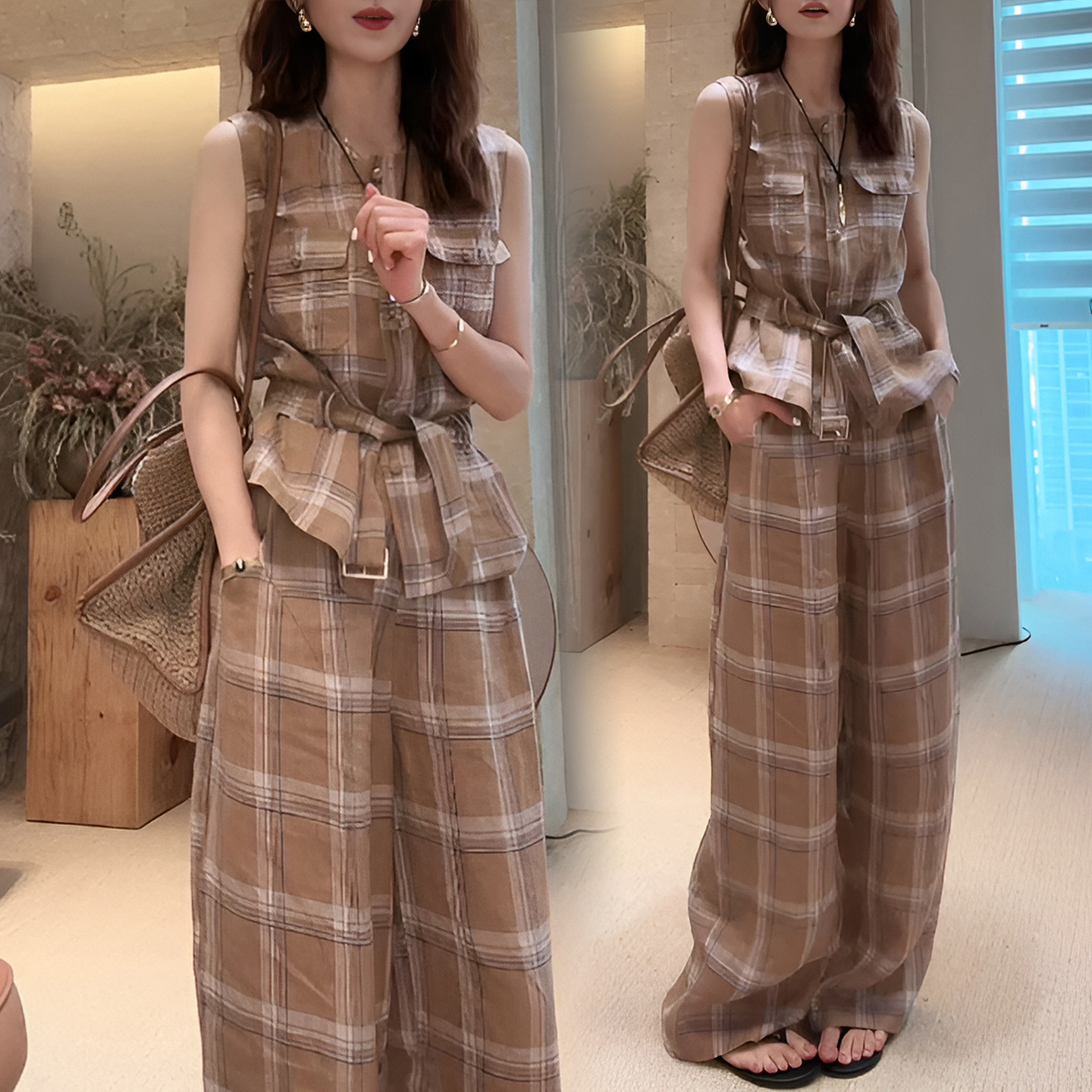 경관 그림 프랑스식 빛 요리 한 우아함 착용 가져 가라. 민소매 베스트 여름 새로운 고급 절묘한 와이드 레그 팬츠 투피스 슈트