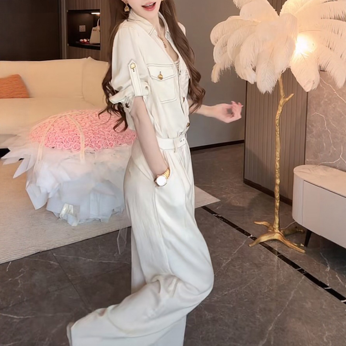 경관 그림 외국 가스 출퇴근 빛 럭셔리 패션 슬림해 보이는 전체 집합 여름 폴로 칼라 셔츠 하이웨이스트 와이드 레그 팬츠 투피스 세트