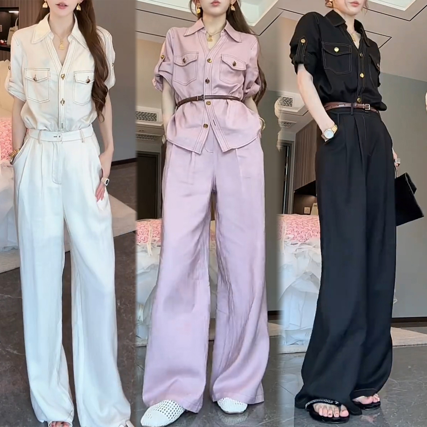 경관 그림 명시적 스티치 디자인 폴로 칼라 몸매 가꾸기 셔츠 여름 새로운 하이웨이스트 슬림해 보이는 스트레이트 와이드 레그 팬츠 투피스 슈트