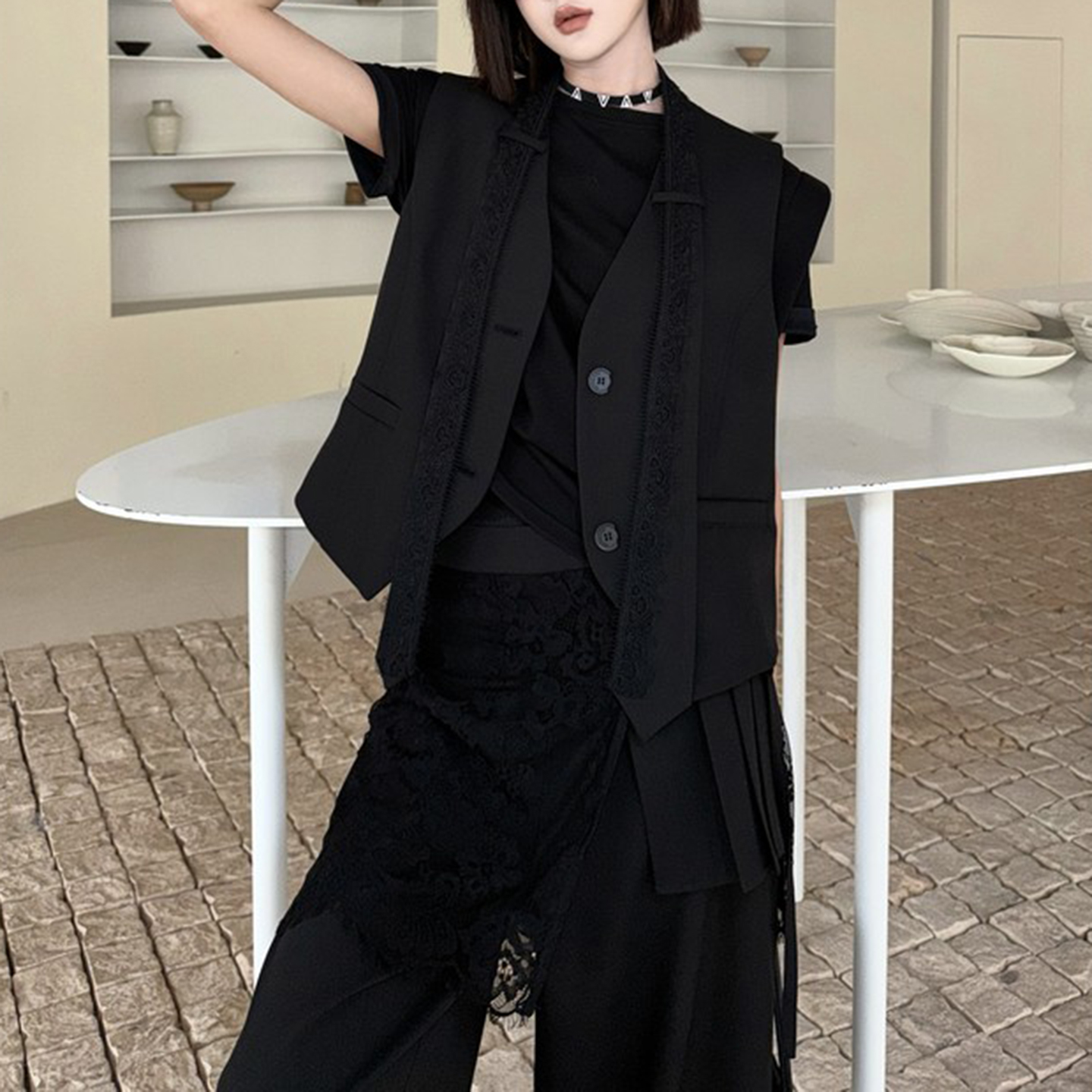 경관 그림 패션 세트 소녀 여름 새로운 품격 베스트 다용도 슬림해 보이는 캐주얼 와이드 레그 팬츠 투피스 슈트