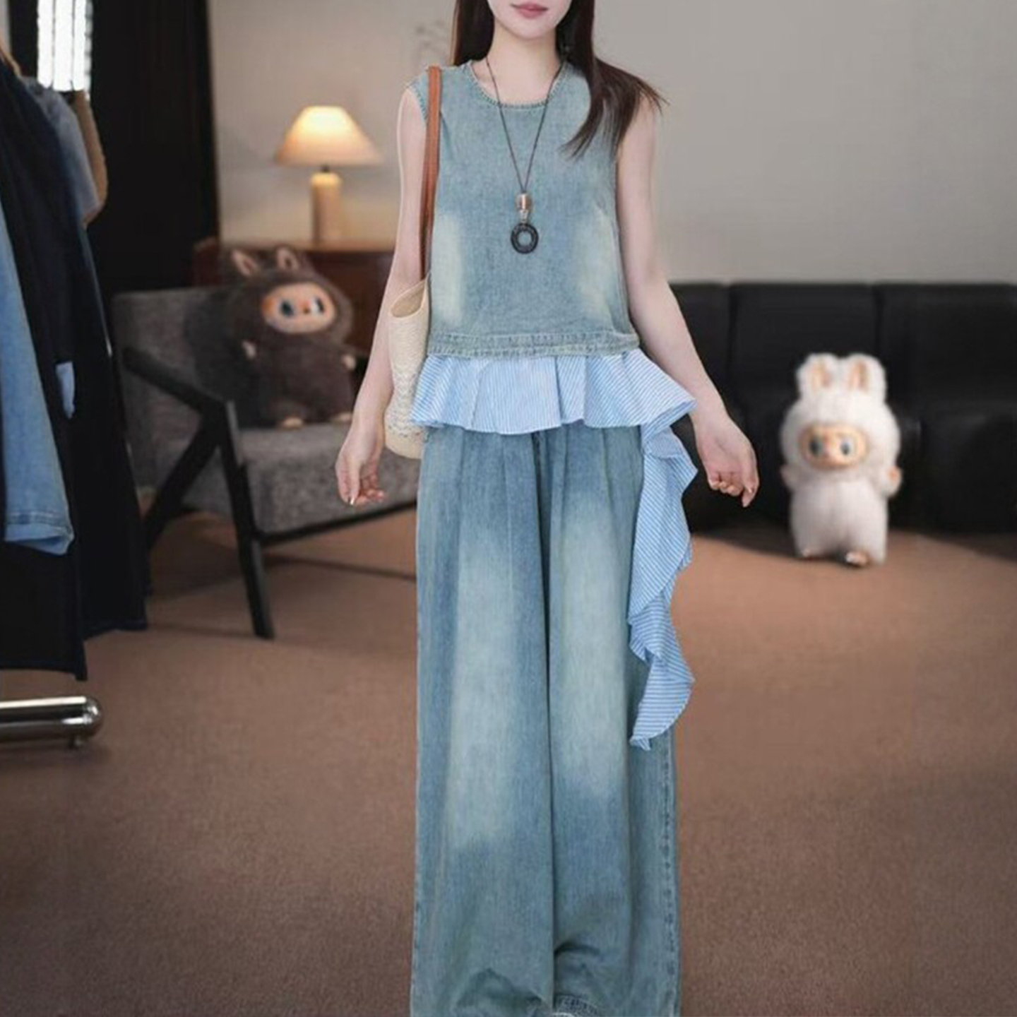 경관 그림 여름 새로운 패션 품격 자이언트 잘 생긴 프릴 민소매 조끼 하이웨이스트 와이드 레그 팬츠 투피스 세트