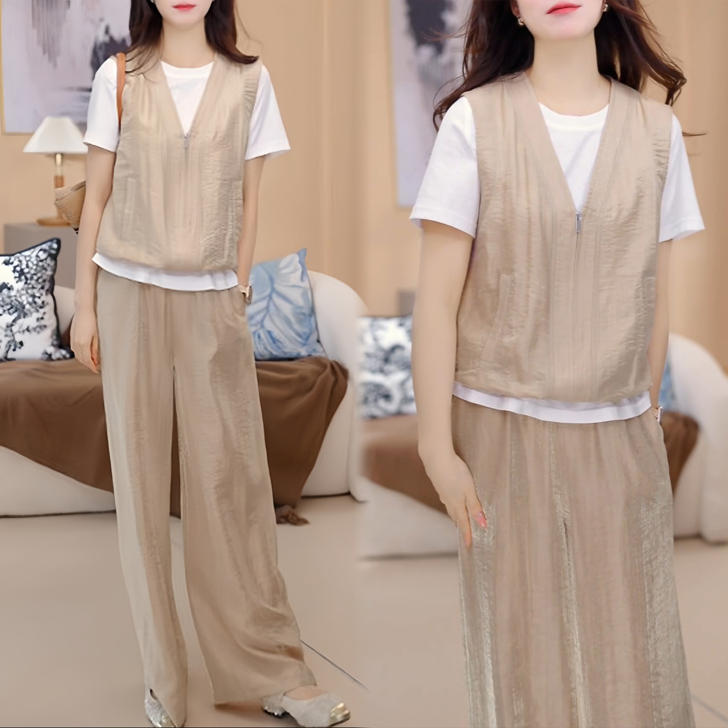 경관 그림 자이언트 잘 생긴 ~ 중 여름 착용 가져 가라. 세트 한 부서 패션 페이크 레이어드 패치워크 맨위 와이드 레그 팬츠 투피스 세트