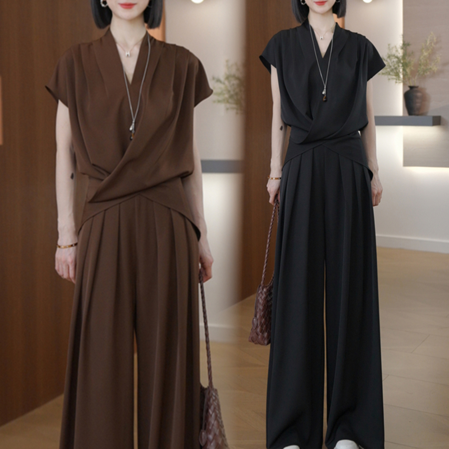 경관 그림 패션 세트 여성 2026 여름 새로운 외국 가스 루즈핏 슬림해 보이는 반팔 맨위 와이드 레그 팬츠 투피스 세트