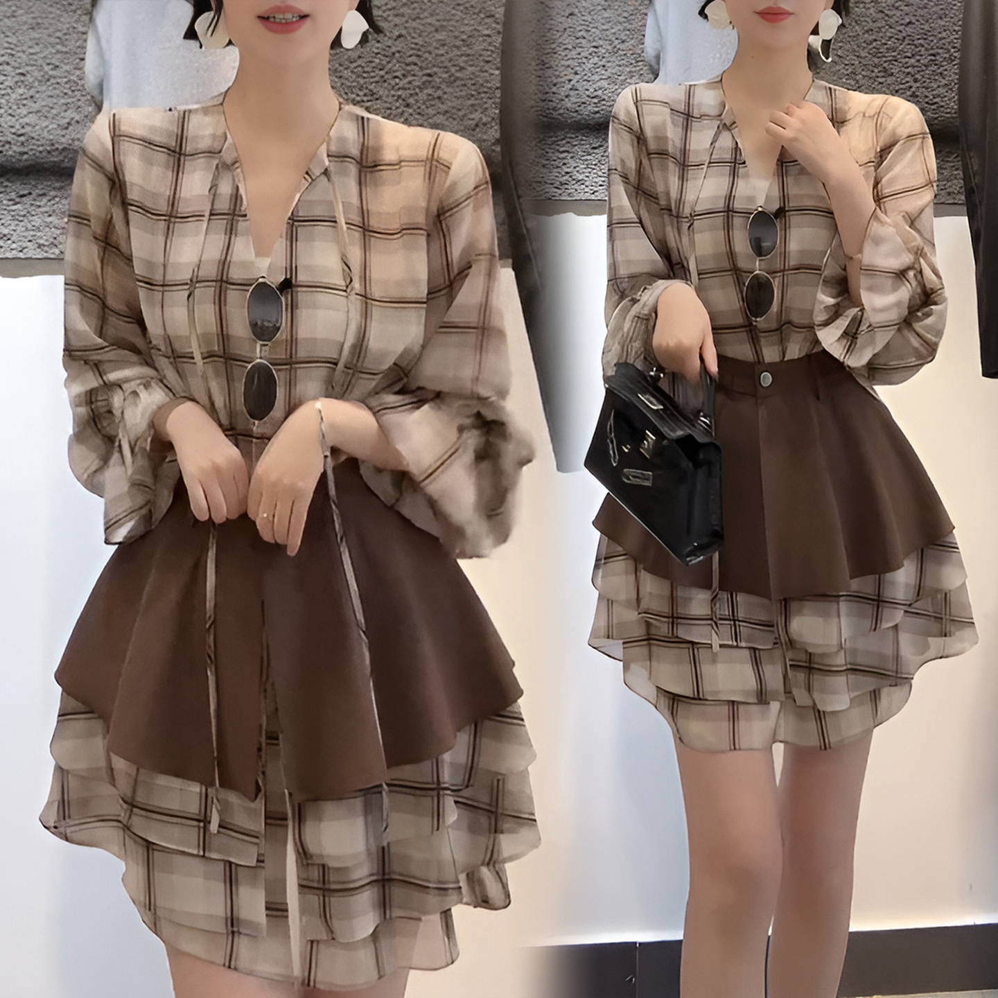경관 그림 패션 부드러운 레트로 체크무늬 프릴 허리 수축 드레스 2026 여름 새로운 슬림해 보이는 다용도 치마