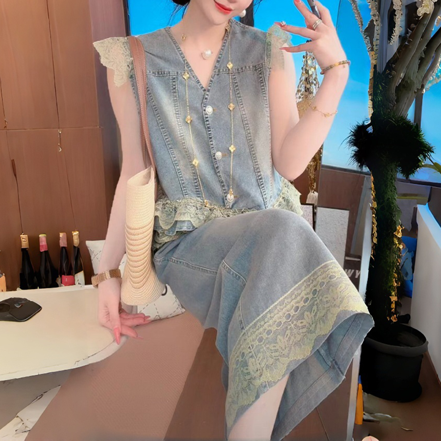 경관 그림 레이스 레이스 데님 세트 투피스 세트 2026 여름 새로운 V넥 베스트 와이드 레그 팬츠 투피스 세트