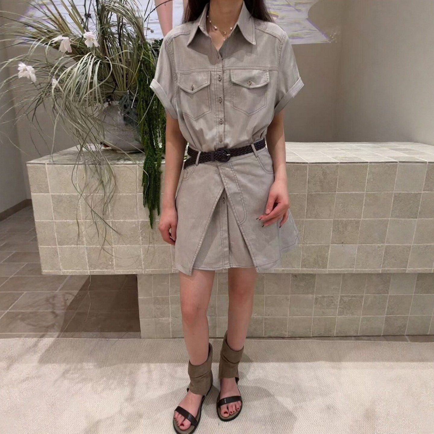 경관 그림 셔츠 드레스 방귀 커튼 두 조각 2026 년 여름 새로운 프랑스식 자이언트 잘 생긴 캐주얼 품격 패션