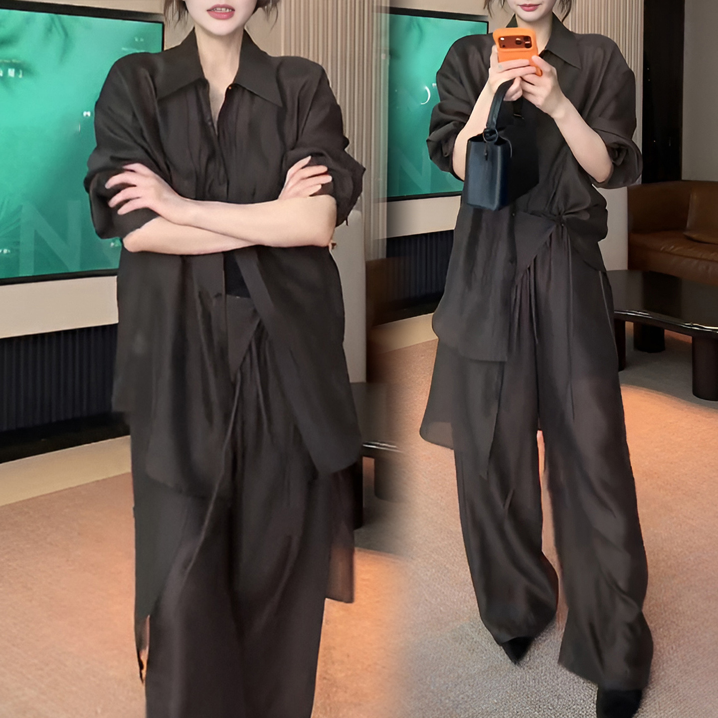 경관 그림 루즈핏 느긋한 바람 품격 셔츠 여름 오래된 돈 바람 패션 세트 캐주얼 넓은 다리 길이 바지 투피스 세트