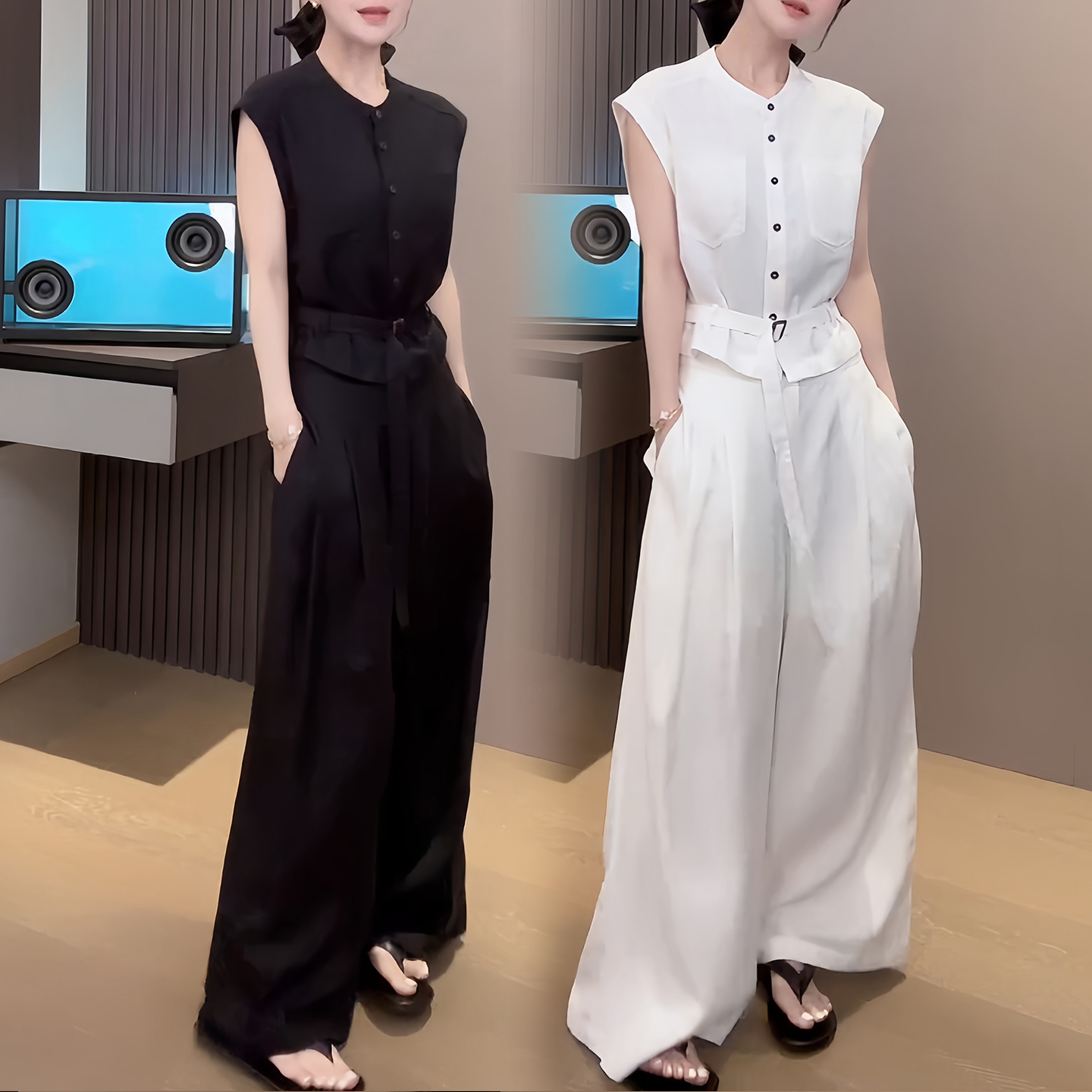 경관 그림 패션 품격 맨위 세트 2026 여름 투피스 세트 단색 민소매 조끼 맨위 도루 센스 와이드 레그 팬츠
