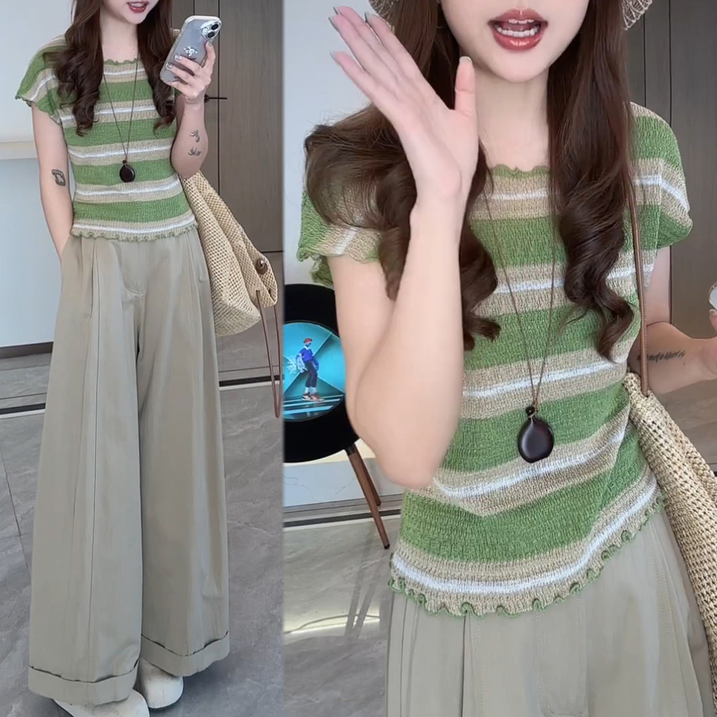 경관 그림 작은 대중 캐주얼 출퇴근 다용도 와이드 레그 팬츠 전체 집합 착용 가져 가라. 여름 연령 감소 스트라이프 반팔 투피스 세트