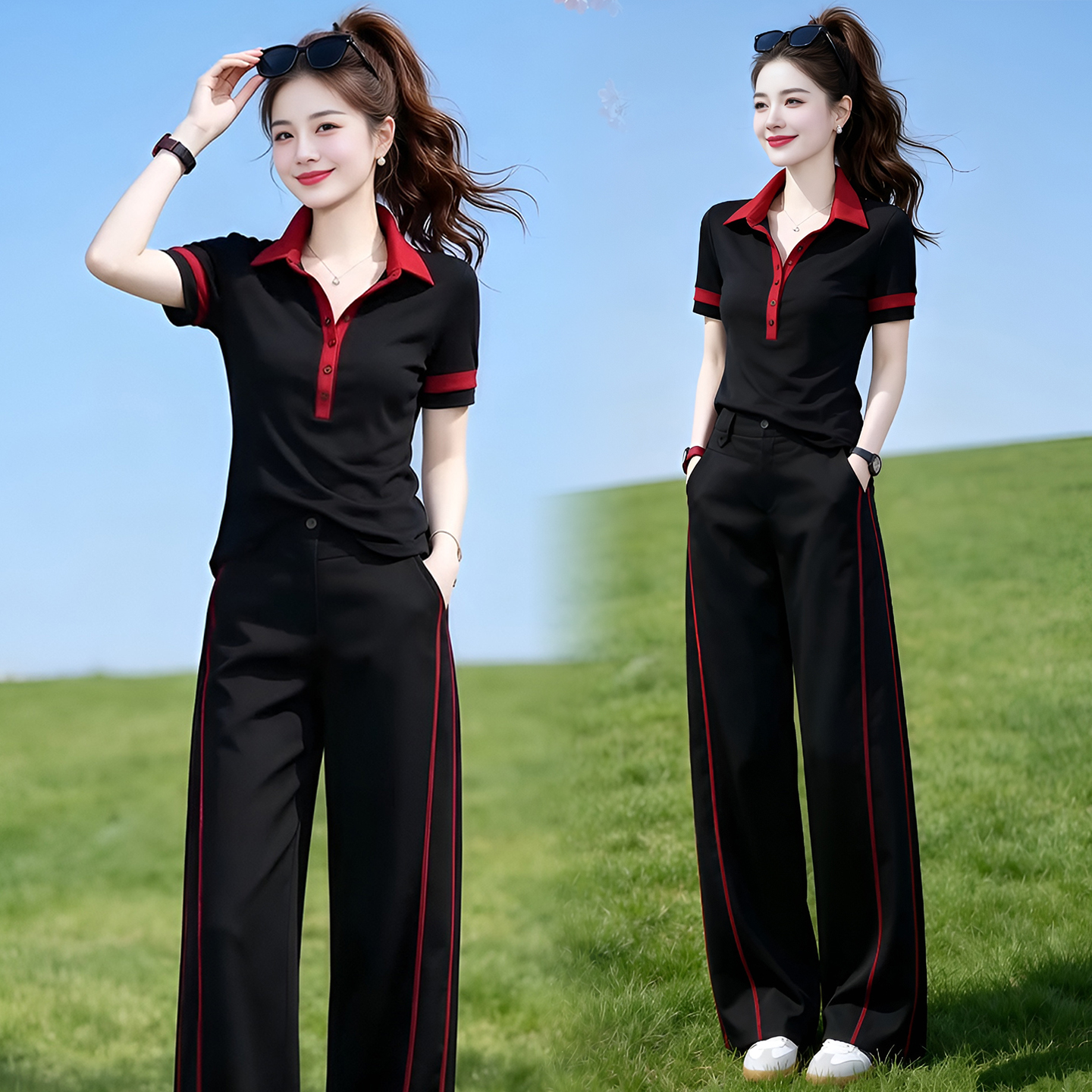 경관 그림 여름 한국 스타일 캐주얼 스포츠 슈트 여름 패션 다용도 POLO 칼라 반팔 와이드 레그 팬츠 투피스 세트