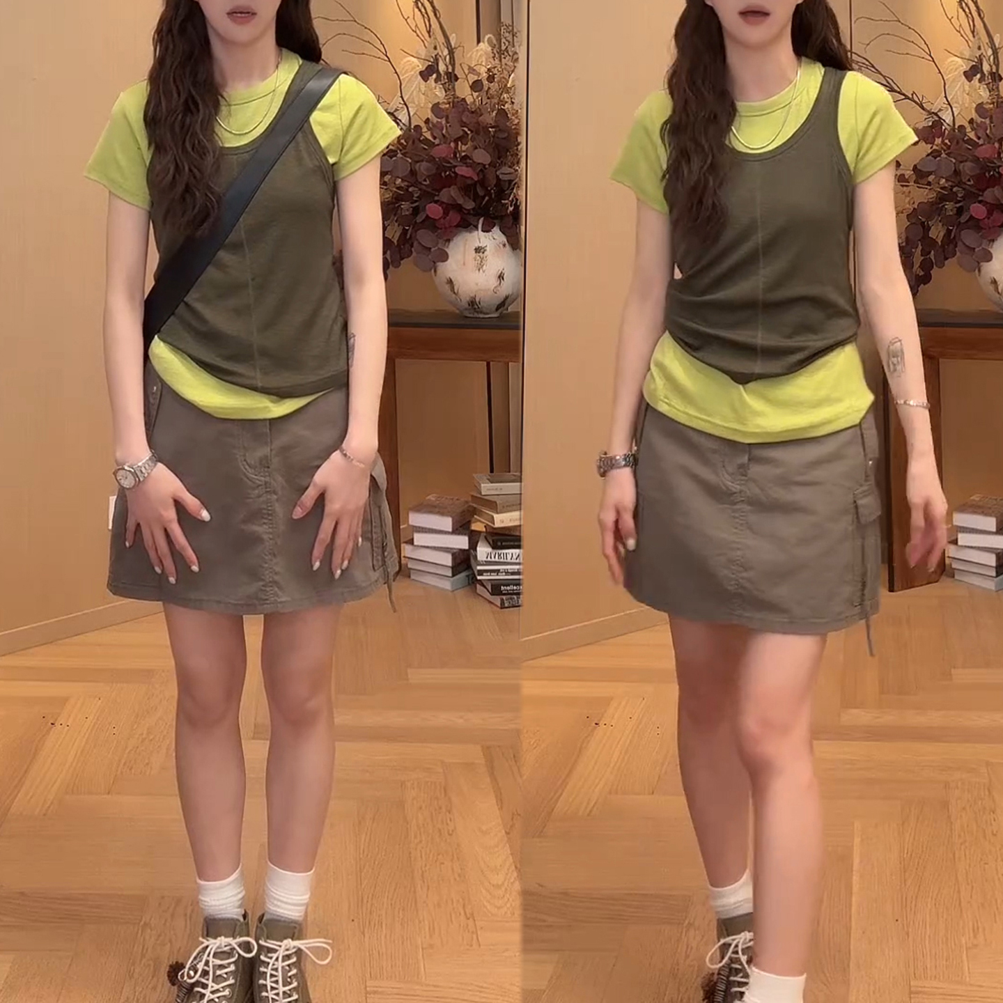 경관 그림 2026 여름 새로운 한 부서 세트 반팔 티셔츠 패션 조끼 워크웨어 바람 디자인 센스 미니 스커트