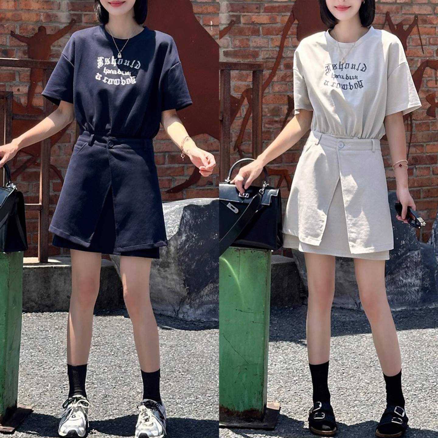 경관 그림 느긋한 세트 벨트 방귀 커튼 라운드 넥 루즈핏 반팔 티셔츠 치마 품격 슬림해 보이는 다용도 드레스 투피스 세트