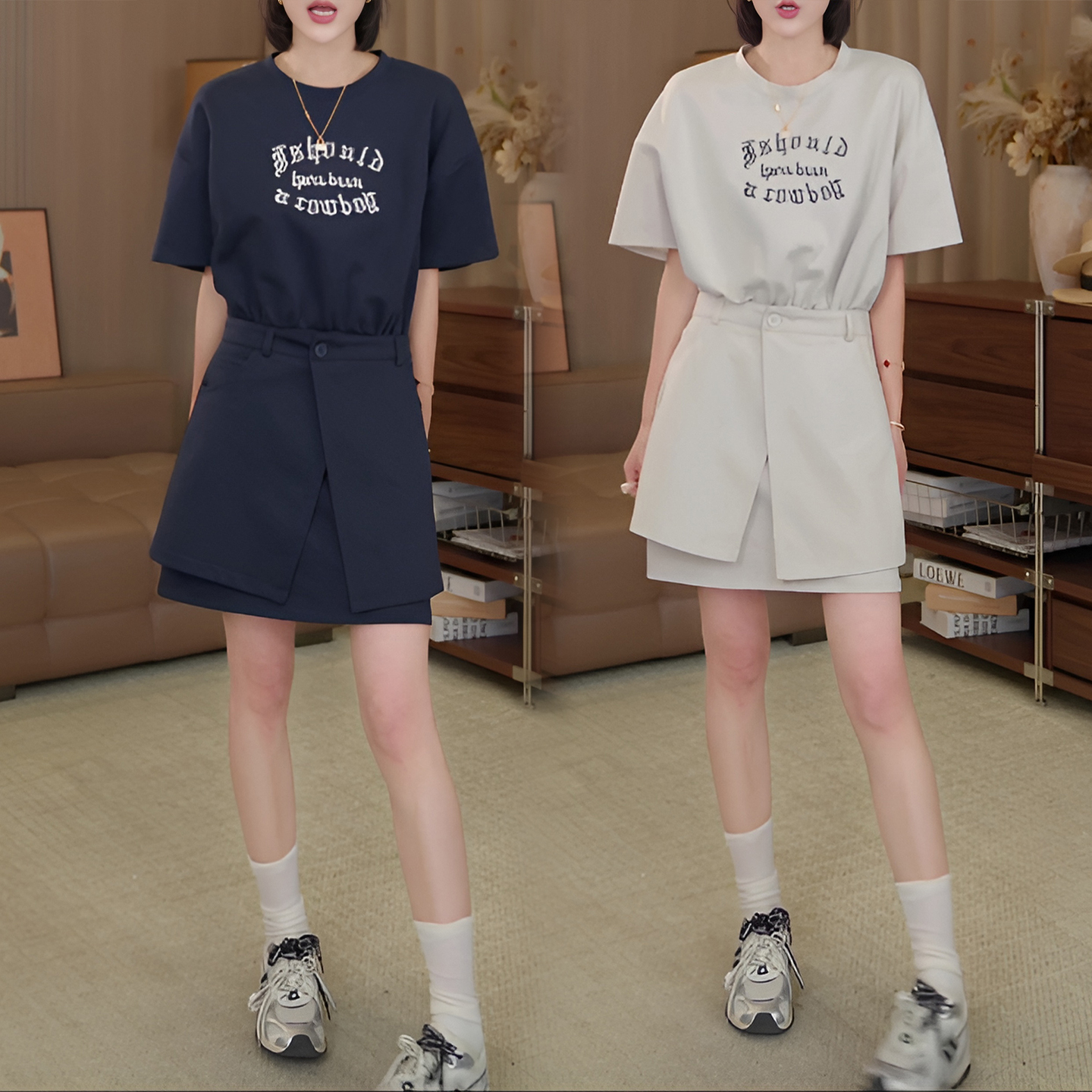 경관 그림 패션 디자인 벨트 방귀 커튼 알파벳 프린트 반팔 티셔츠 치마 품격 슬림해 보이는 인터넷 유명인 드레스 투피스 세트