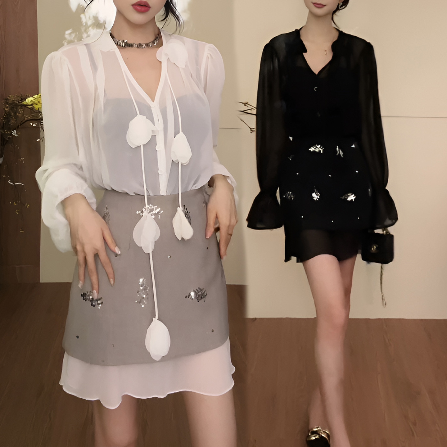 경관 그림 순수한 욕망 바람 핫걸 미니 스커트 2026 여름 새로운 허리 수축 슬림해 보이는 디자인 센스 V넥 섹시함 셔츠 세트