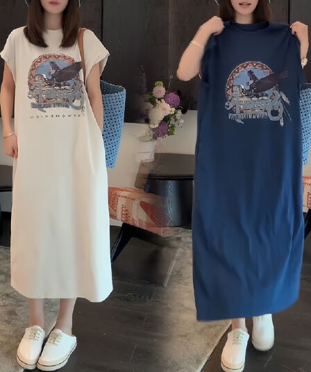 경관 그림 2026 여름 새로운 작은 대중 디자인 편안함 패션 아름다운 라운드 넥 고유 한 만화 프린트 드레스