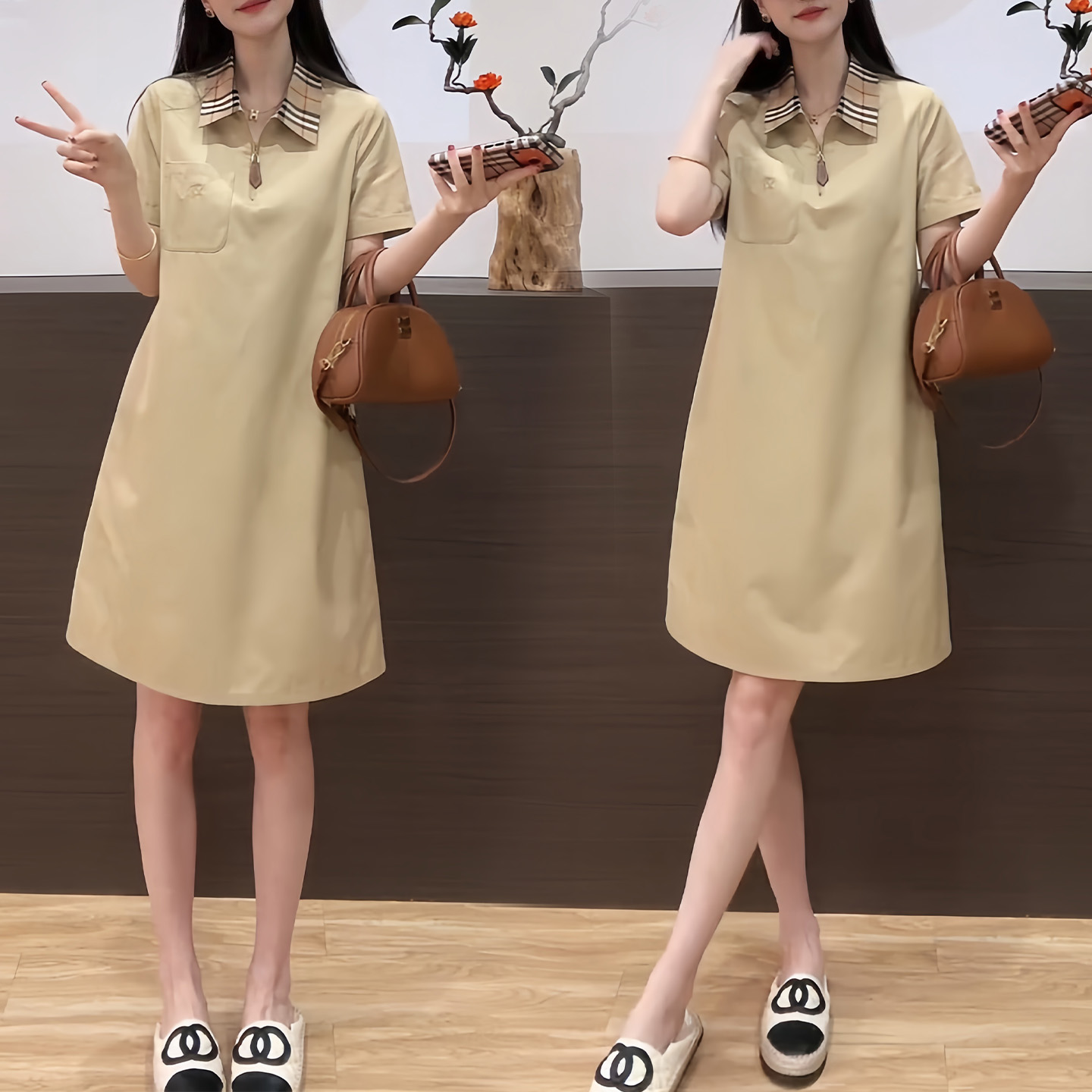 경관 그림 2026 여름 새로운 작은 대중 디자인 패션 캐주얼 스트라이프 그리드 폴로 칼라 중간 길이 반팔 드레스