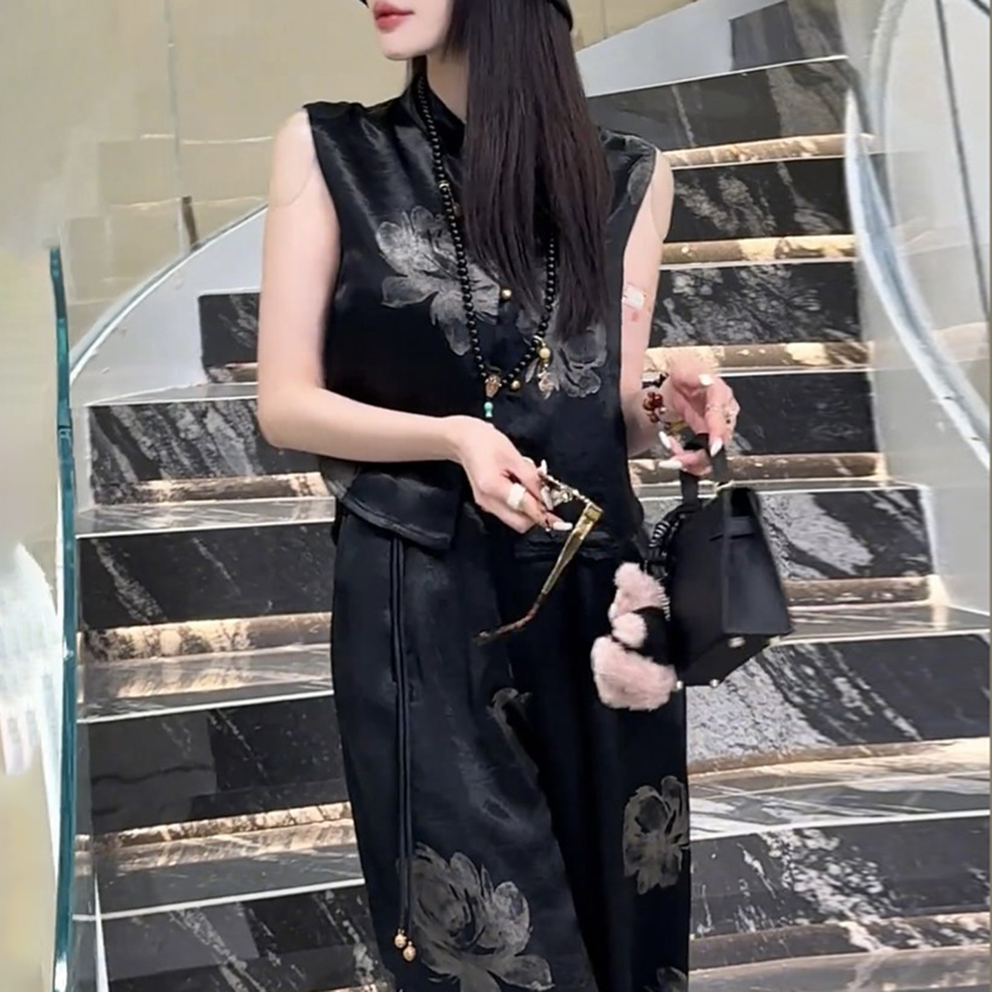 경관 그림 중식 국풍 세트 여름 새로운 폭발 자이언트 잘 생긴 슬림해 보이는 민소매 맨위 와이드 레그 팬츠 투피스 세트