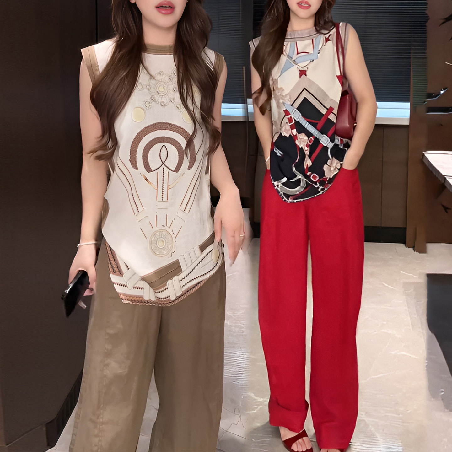 경관 그림 2026 여름 새로운 패션 레트로 스타일 프린트 민소매 조끼 스트레이트 와이드 레그 팬츠 우아함 투피스 세트