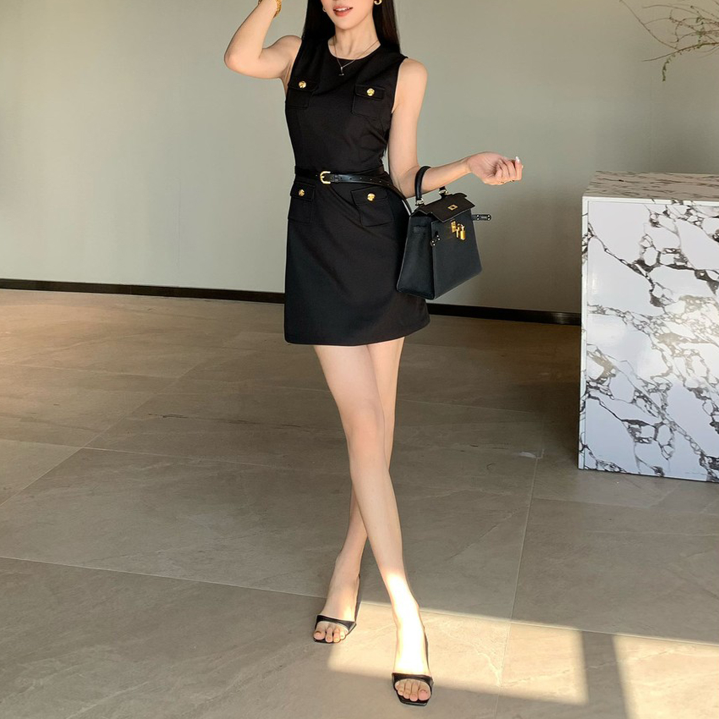 경관 그림 한 부서 연령 감소 빛 럭셔리 세련된 몸매 가꾸기 슬림해 보이는 품격 레트로 디자인 센스 허리 수축 슬림해 보이는 여성 드레스