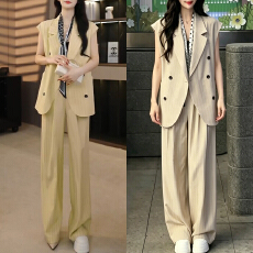 批发官图 休闲韩版时尚套装女夏季新款条纹无袖西服<b class='q'>外套</b>+阔腿裤两件套