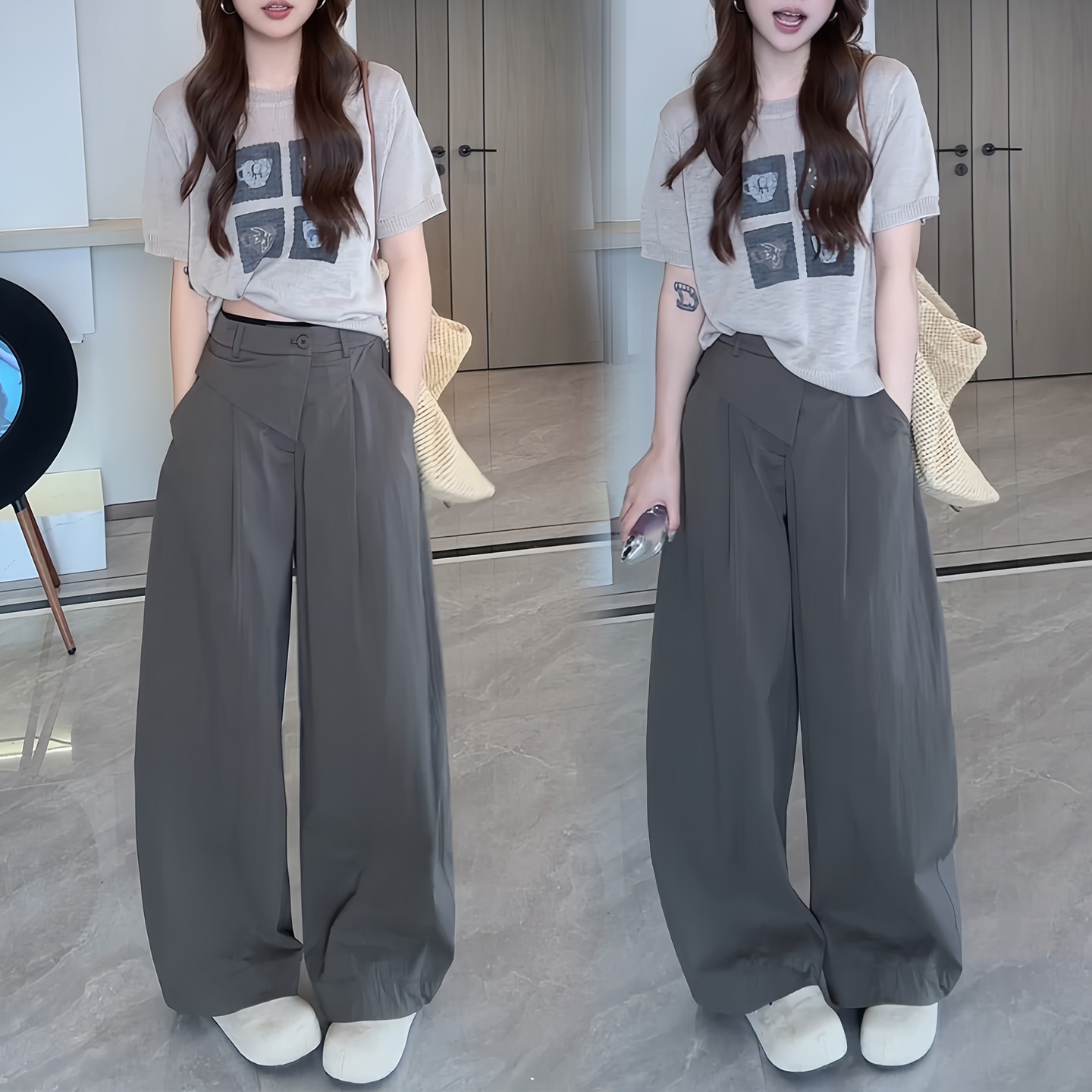 경관 그림 여름 새로운 한 부서 미니멀리즘 바람 네 궁전 그리드 패턴 니트 스웨터 맨위 도루 센스 캐주얼 바지 세트 여성