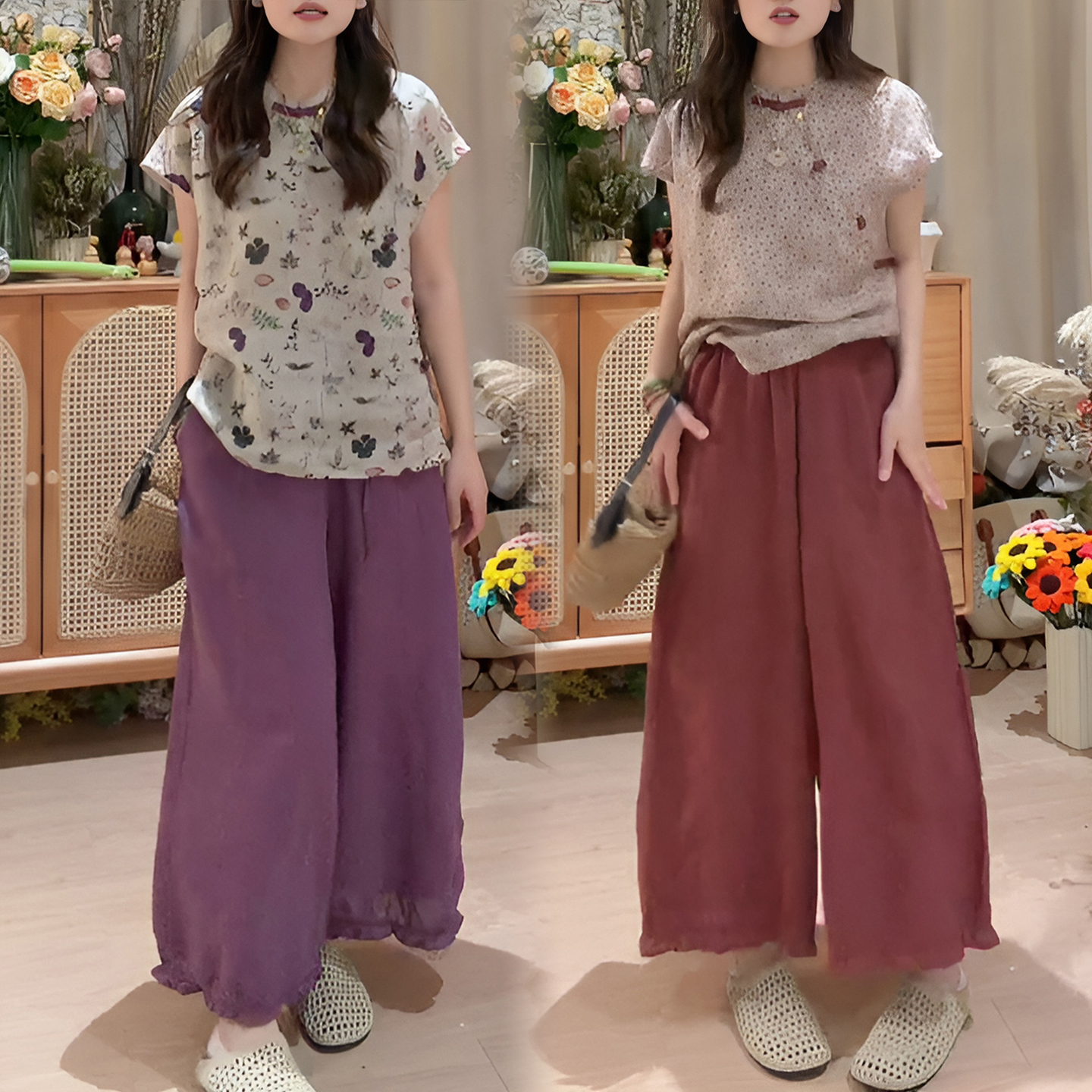 경관 그림 여름 ootd 착용 가져 가라. 전체 집합 프랑스식 디자인 품격 맨위 캐주얼 와이드 레그 팬츠 패션 투피스 세트