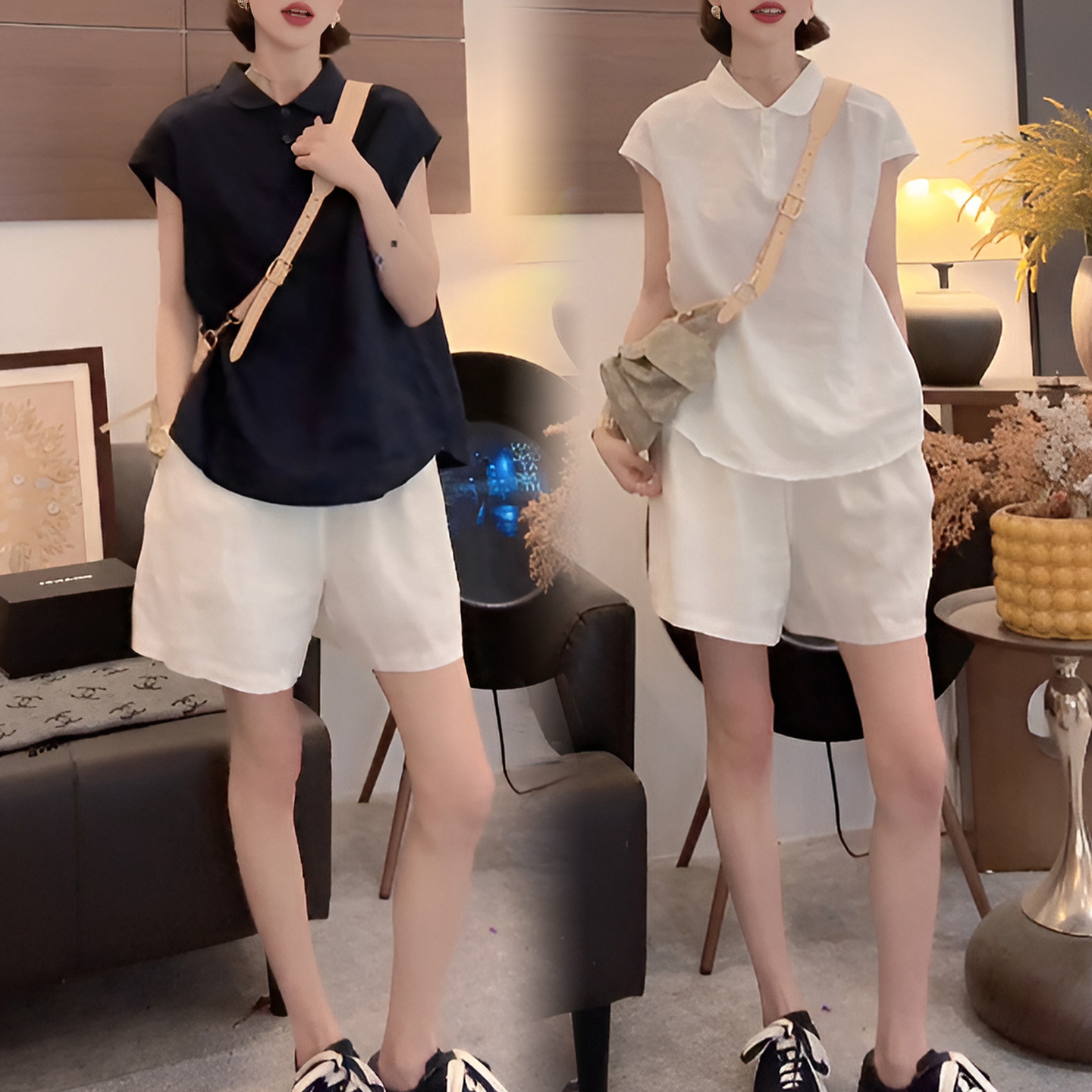 경관 그림 느슨함 센스 연령 감소 폴로 칼라 반팔 셔츠 반바지 세트 여성 여름 슬림해 보이는 투피스 세트 미니멀리즘 착용 가져 가라.