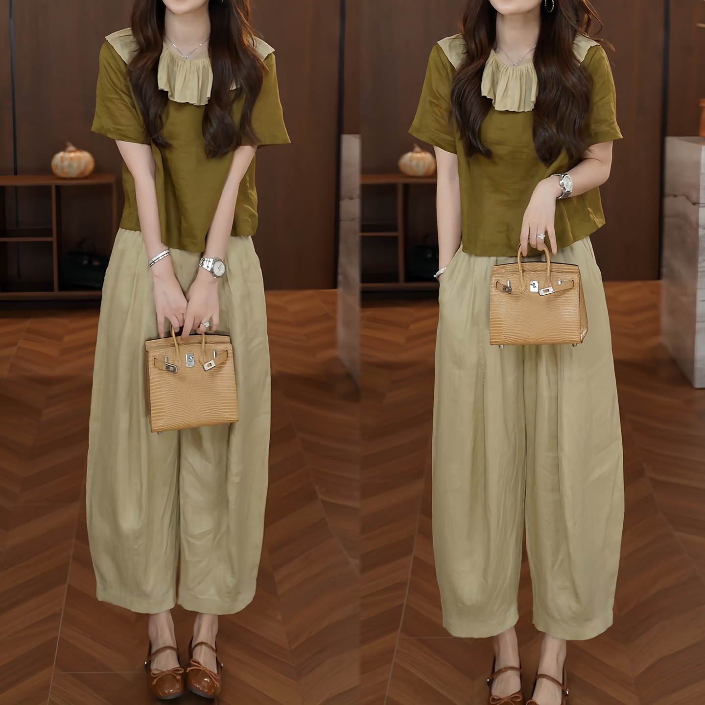 경관 그림 인기 다용도 패션 품격 패치워크 색상 프릴 베이비 칼라 맨위 슬림해 보이는 와이드 레그 팬츠 투피스 세트